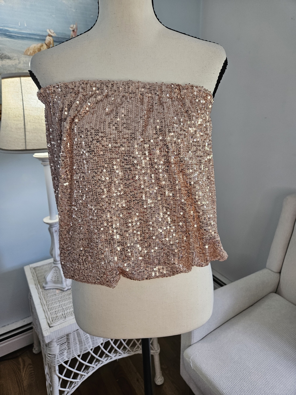 Rose Gold Sequin Strapless Top. Venus